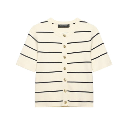 Women Striped Short Sleeved Knitted Jacket Mini Skirt Stes