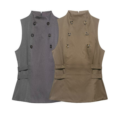 Women Clothing Summer Button Turtleneck Sleeveless Top