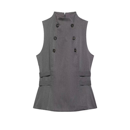 Women Clothing Summer Button Turtleneck Sleeveless Top