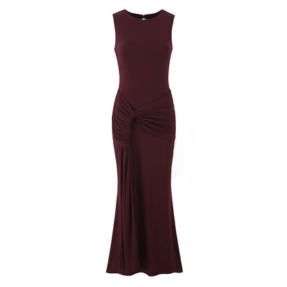 Women Clothing Summer Irregular Asymmetric Slim Fit Ruched round Neck Sleeveless Dress