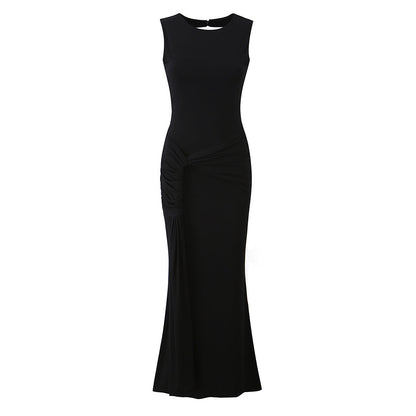 Women Clothing Summer Irregular Asymmetric Slim Fit Ruched round Neck Sleeveless Dress
