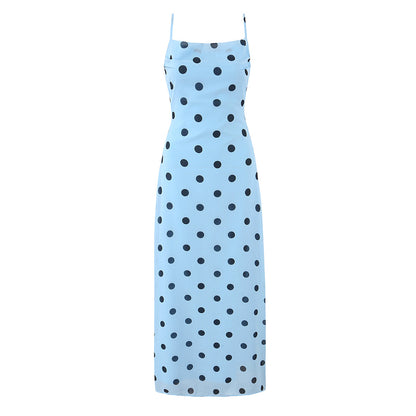 Gentle Elegant Pink Polka Dot Brace Dress Women Vintage Backless Lace up Design Tight Waist Maxi Dress