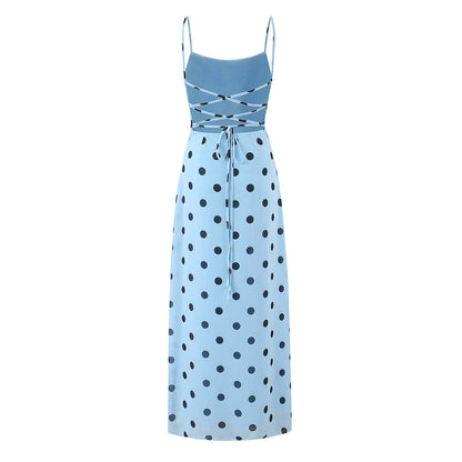 Gentle Elegant Pink Polka Dot Brace Dress Women Vintage Backless Lace up Design Tight Waist Maxi Dress