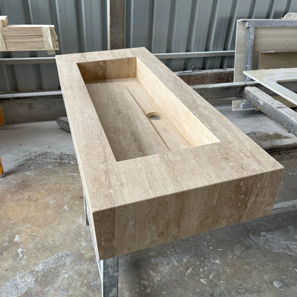 Handcrafted Custom Natural Beige Travertine Vein-Cut Trough Sink