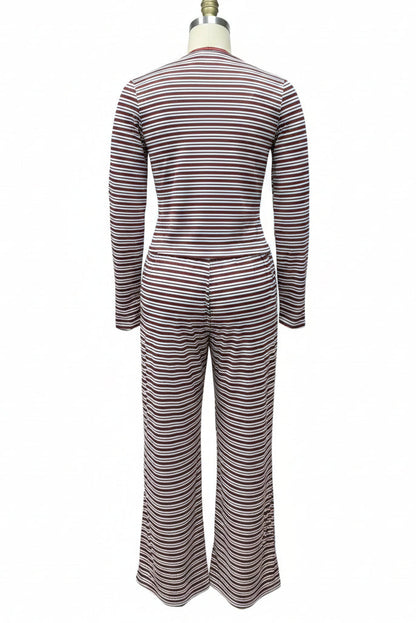 Women's Stripe Fitted Button-Front Crop Top & Drawstring Wide-Leg Pants Set