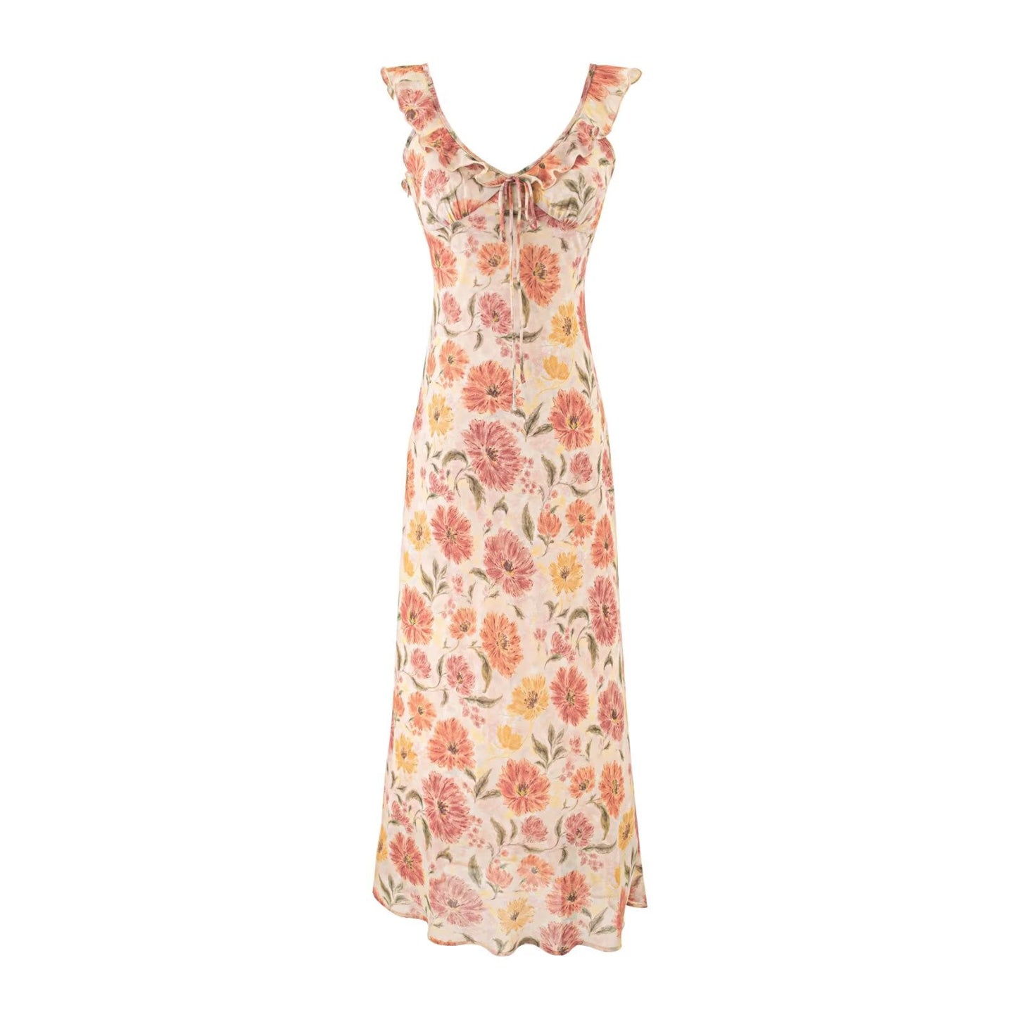 Romantic Bright Printed Suspender Dresses Summer V neck Flounce Lace up Waist Slim Fit Elegant Dress Long Dresses