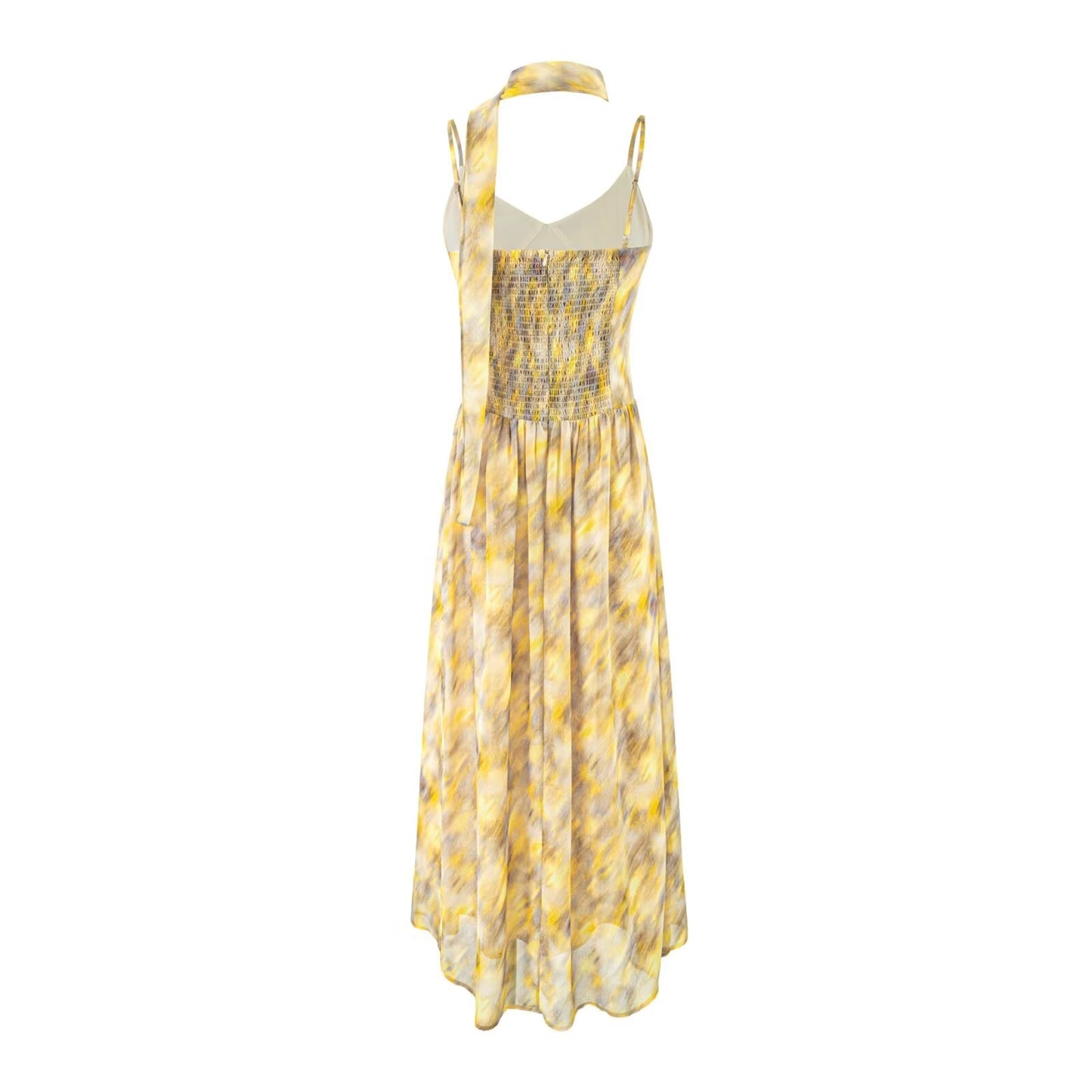 Floral Blooming Ribbon V neck Strap Dress Women Summer Large Pleated Beautiful Seaside Dress