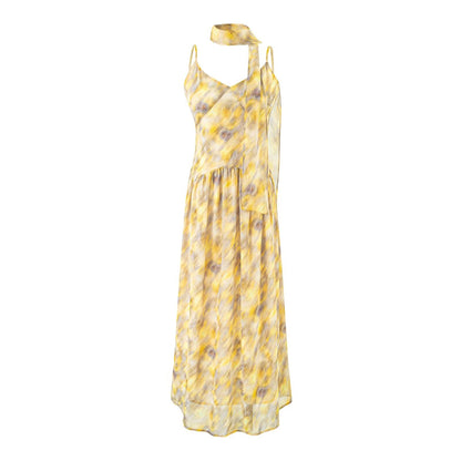 Floral Blooming Ribbon V neck Strap Dress Women Summer Large Pleated Beautiful Seaside Dress