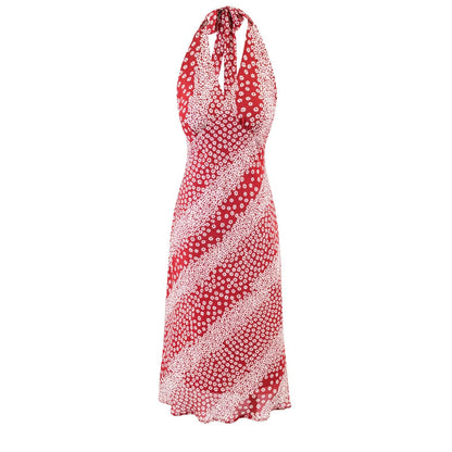 Romantic Atmosphere Printed Maxi Dress V neck Slim Halter Dress