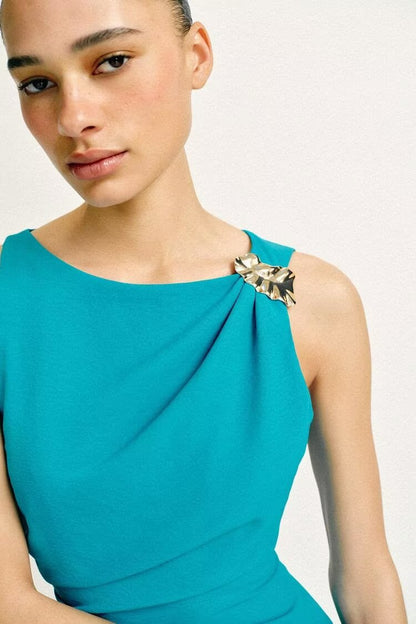 Women Elegant Slit Hemline Hem Pleated Gold Plated Inlaid Sleeveless Slim Slimming Dress