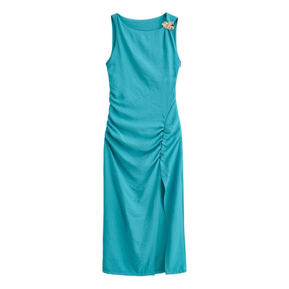 Women Elegant Slit Hemline Hem Pleated Gold Plated Inlaid Sleeveless Slim Slimming Dress