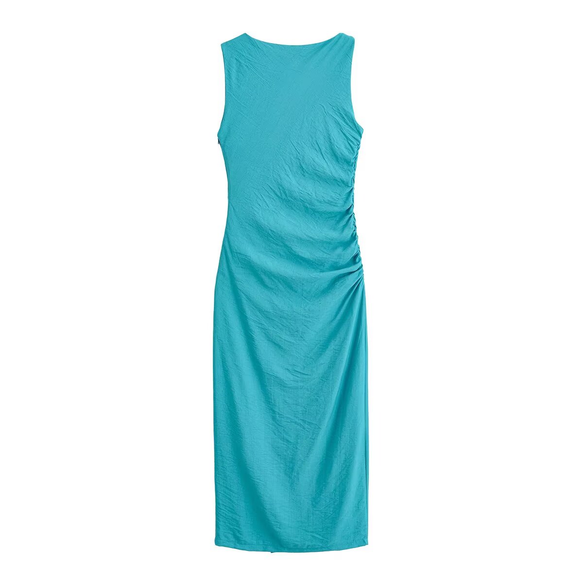 Women Elegant Slit Hemline Hem Pleated Gold Plated Inlaid Sleeveless Slim Slimming Dress