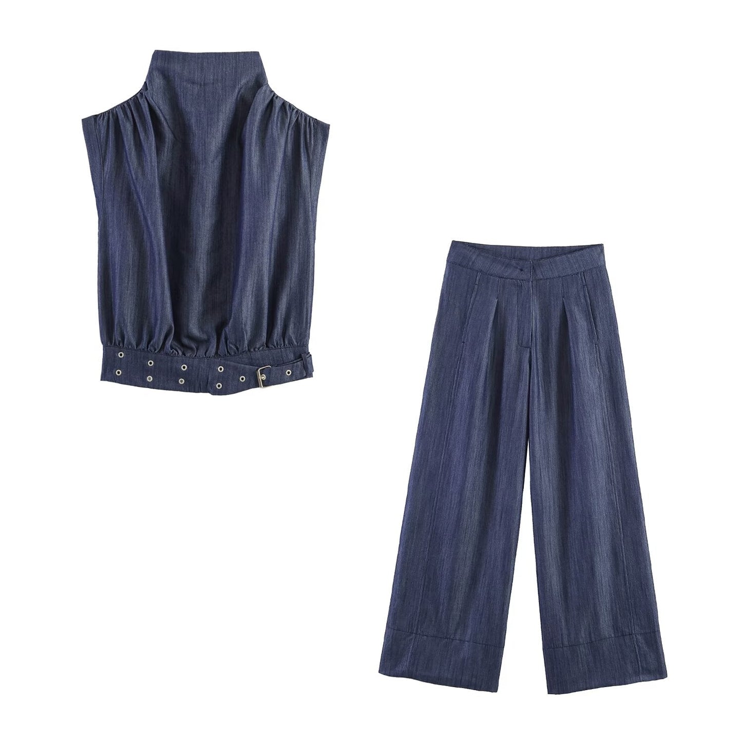Summer Women Clothes Casual Sleeveless Stand Collar Rivet Buckle Top Wide Leg Trousers