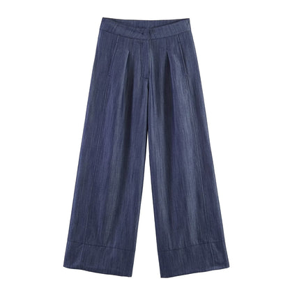 Summer Women Clothes Casual Sleeveless Stand Collar Rivet Buckle Top Wide Leg Trousers