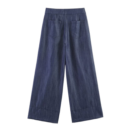 Summer Women Clothes Casual Sleeveless Stand Collar Rivet Buckle Top Wide Leg Trousers