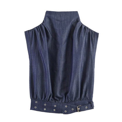 Summer Women Clothes Casual Sleeveless Stand Collar Rivet Buckle Top Wide Leg Trousers