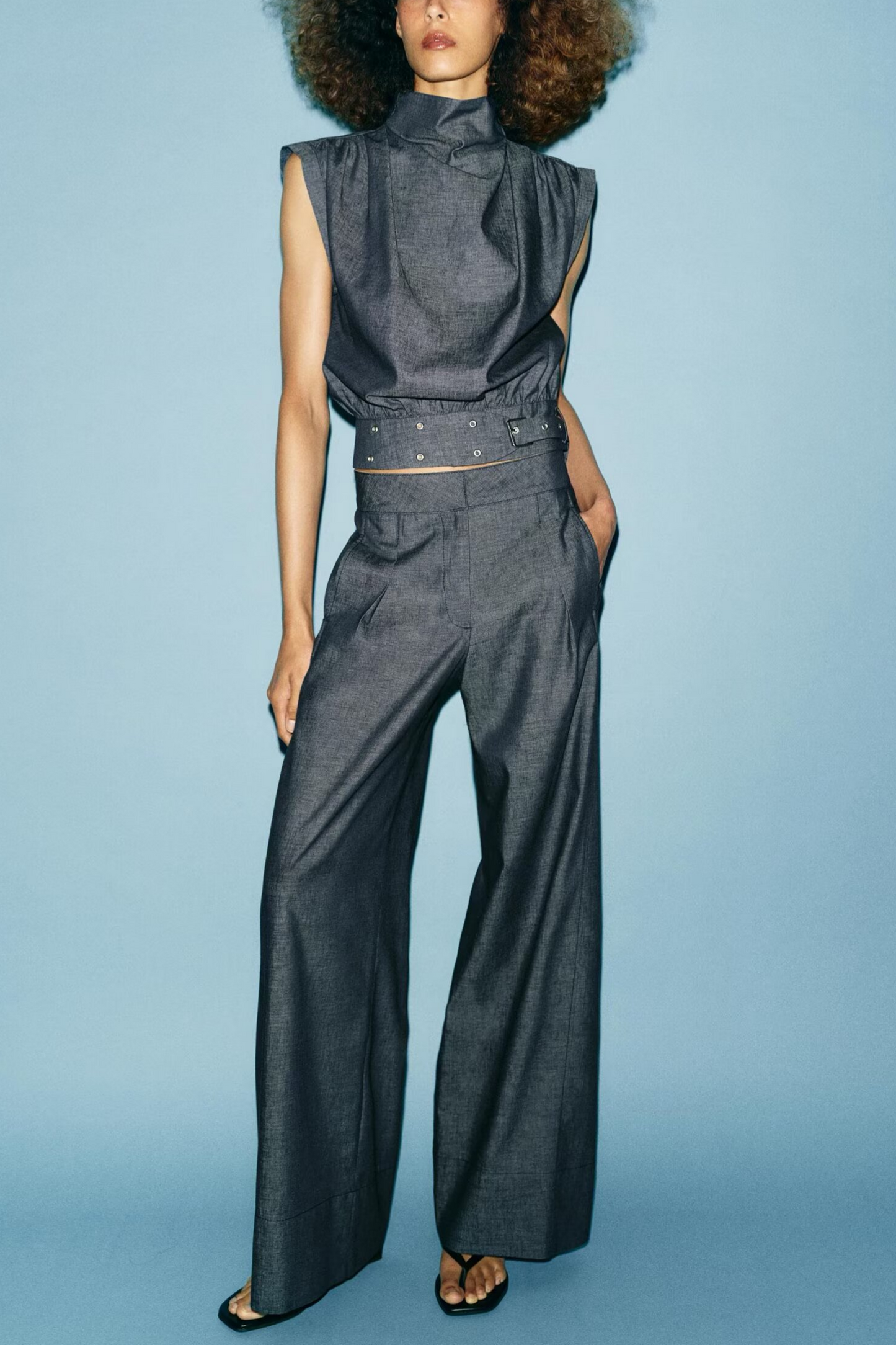Summer Women Clothes Casual Sleeveless Stand Collar Rivet Buckle Top Wide Leg Trousers