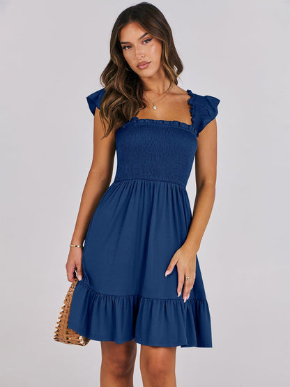Women Clothing Summer Square Collar Plaid Smocking Sweet Mid Length Dress