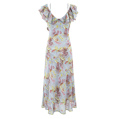 Romantic Floral Short Sleeved Dress Women Summer Tight Waist Beautiful Whitening Gentle Ruffled Collar Oblique Cut Maxi Dress