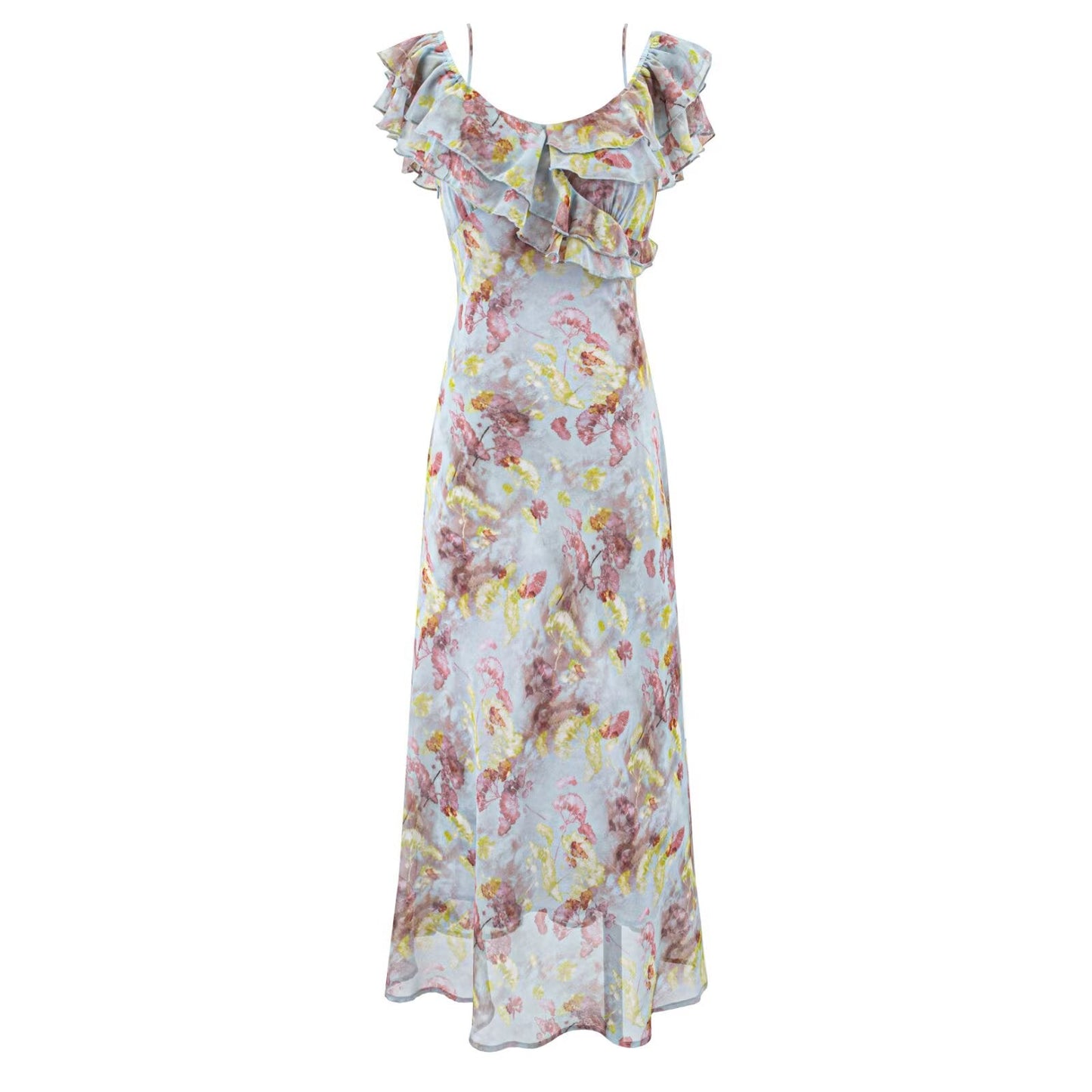 Romantic Floral Short Sleeved Dress Women Summer Tight Waist Beautiful Whitening Gentle Ruffled Collar Oblique Cut Maxi Dress