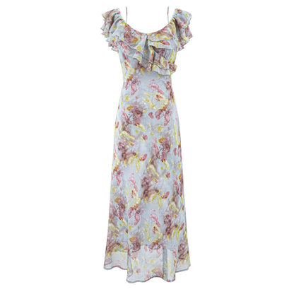 Romantic Floral Short Sleeved Dress Women Summer Tight Waist Beautiful Whitening Gentle Ruffled Collar Oblique Cut Maxi Dress