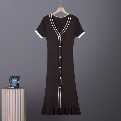 Women V Neck Long Sleeved Single Button Fitted Waistline Knitted Dress Women Autumn Sweater With Fitted Ruffled Dress