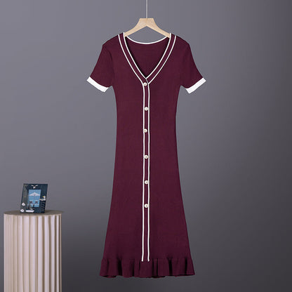 Women V Neck Long Sleeved Single Button Fitted Waistline Knitted Dress Women Autumn Sweater With Fitted Ruffled Dress