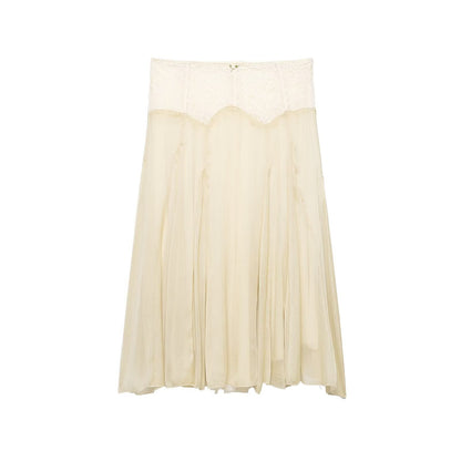 Women Clothing Summer Gentle Lace Stitching Midi Skirt