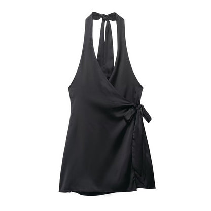 Women Clothing Women Silk Satin Texture Hanging Collar Dress