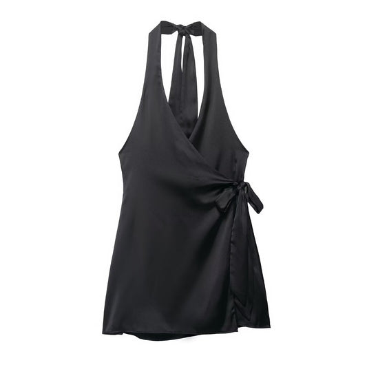 Women Clothing Women Silk Satin Texture Hanging Collar Dress
