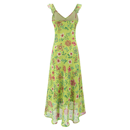 Vacation Green Elegant Dress Women Sexy V neck Flounce Slim Fit Sheath Tea Break Dress