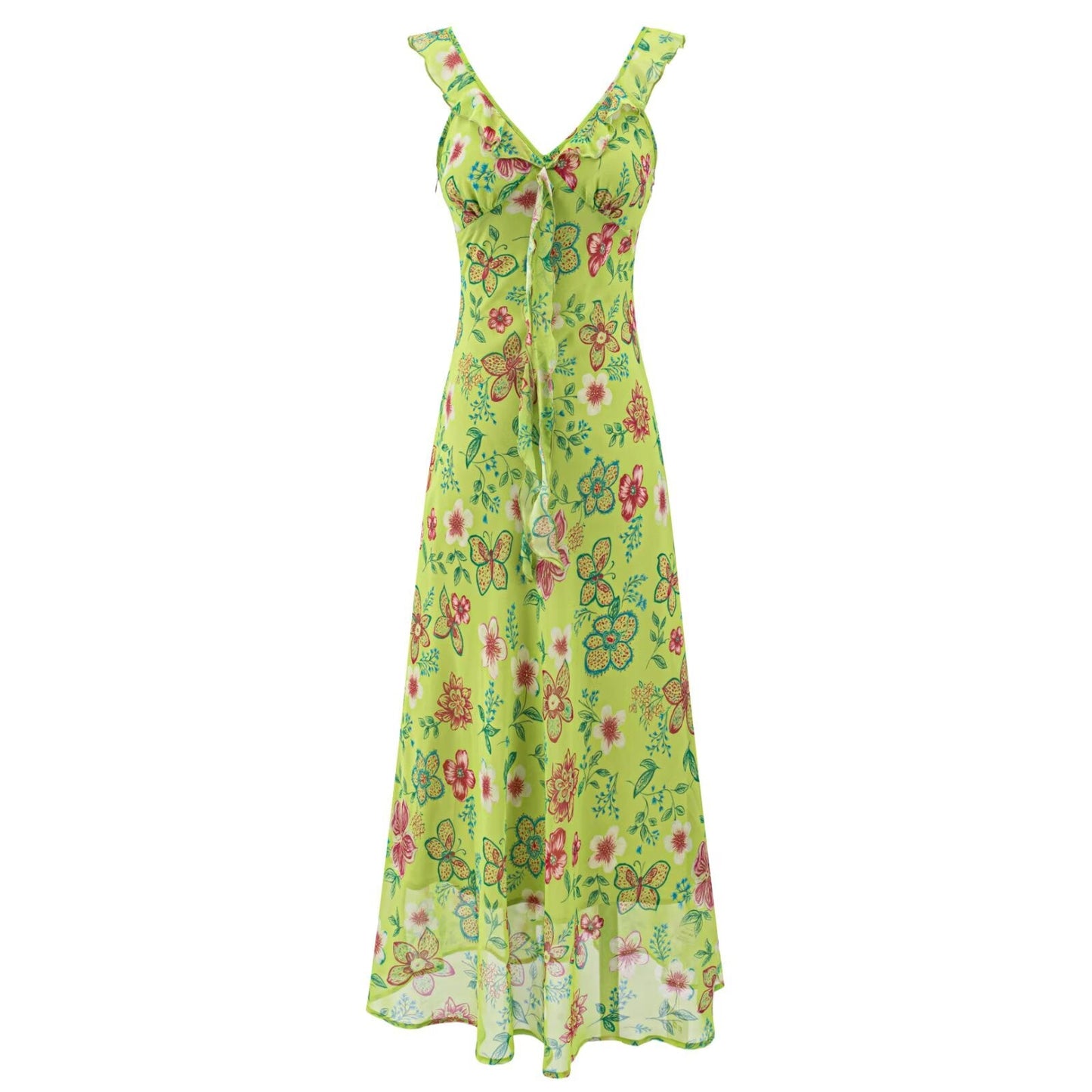 Vacation Green Elegant Dress Women Sexy V neck Flounce Slim Fit Sheath Tea Break Dress