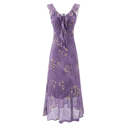 Summer Gentle Extremely Beautiful Printed Ruffled Collar Vacation Slim Slimming Dress