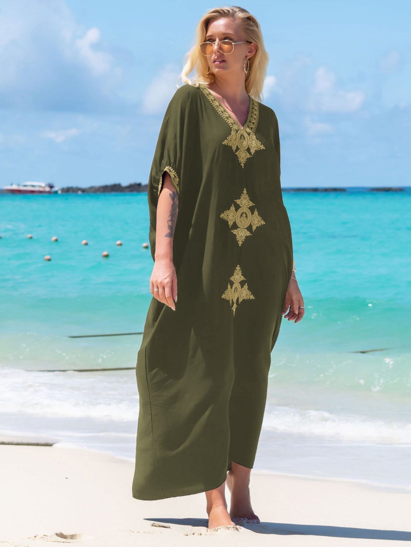 Rayon Black Embroidered Beach Cover-up Maxi Dress Seaside Holiday Dress Swimsuit Sun Protection Clothing Women