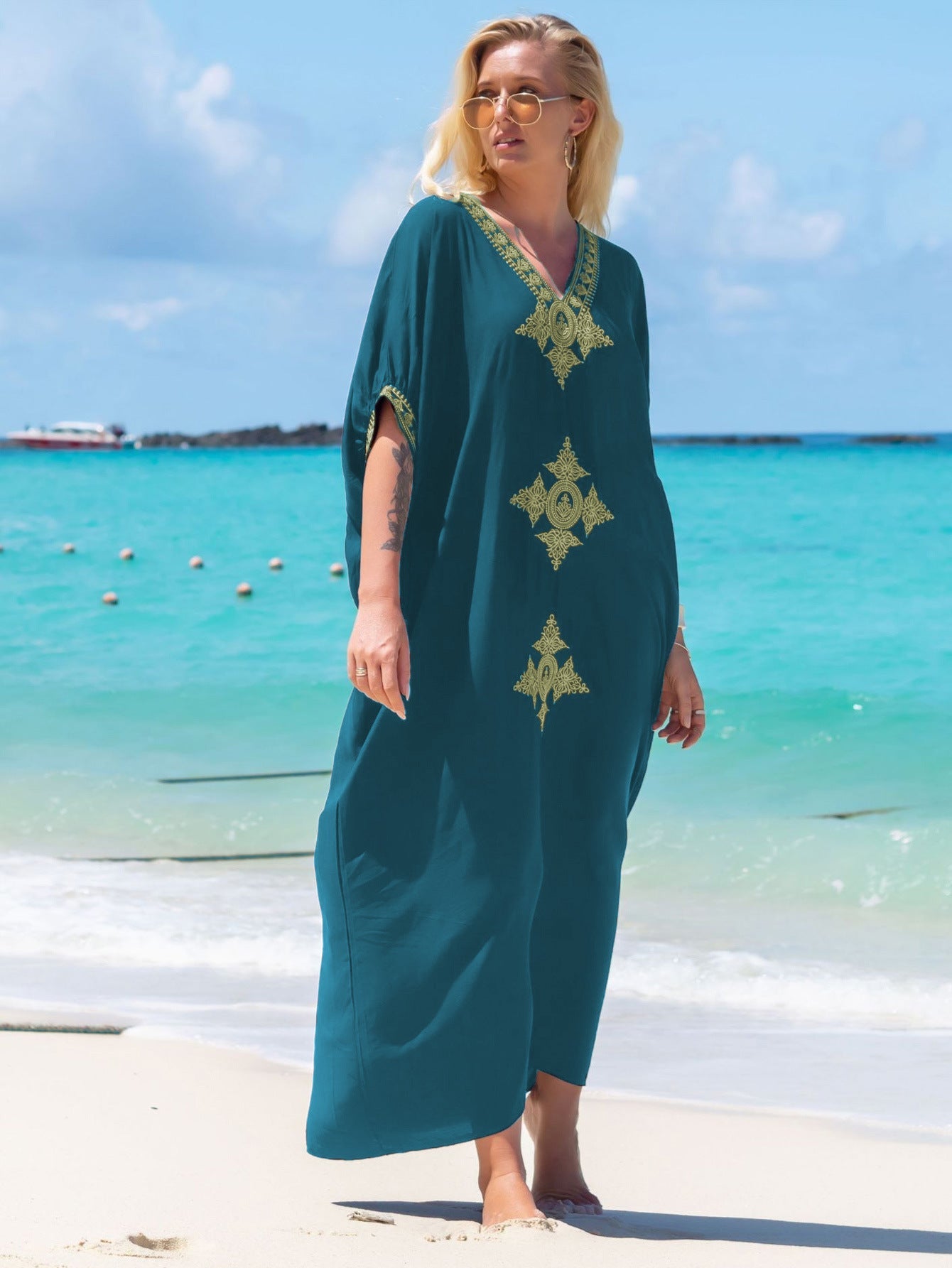 Rayon Black Embroidered Beach Cover-up Maxi Dress Seaside Holiday Dress Swimsuit Sun Protection Clothing Women