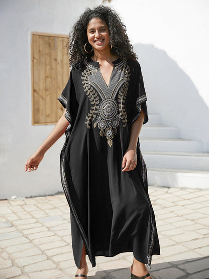Rayon Embroidered Maxi Dress Women Embroidered Vacation Loose Beach Jacket Maxi Dress Beach Cover Up