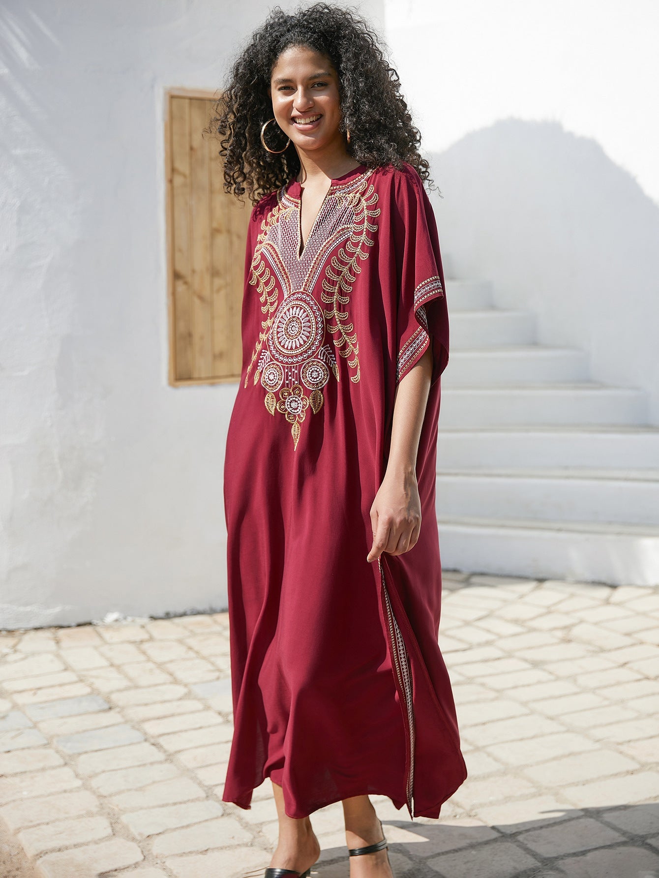 Rayon Embroidered Maxi Dress Women Embroidered Vacation Loose Beach Jacket Maxi Dress Beach Cover Up