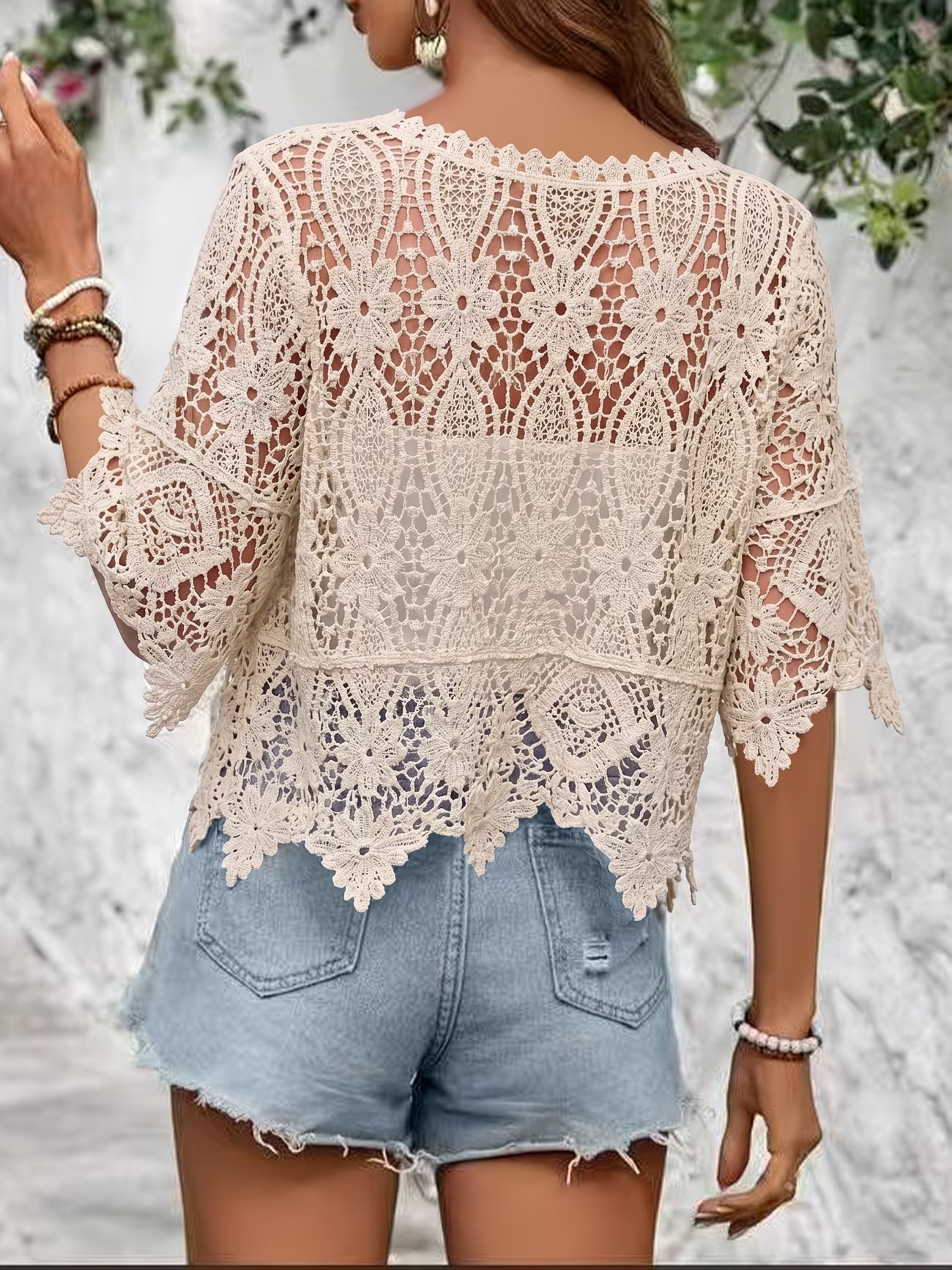 Women Summer Lace Knit Solid Color Round Neck Top