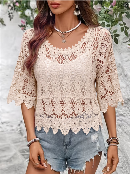 Women Summer Lace Knit Solid Color Round Neck Top