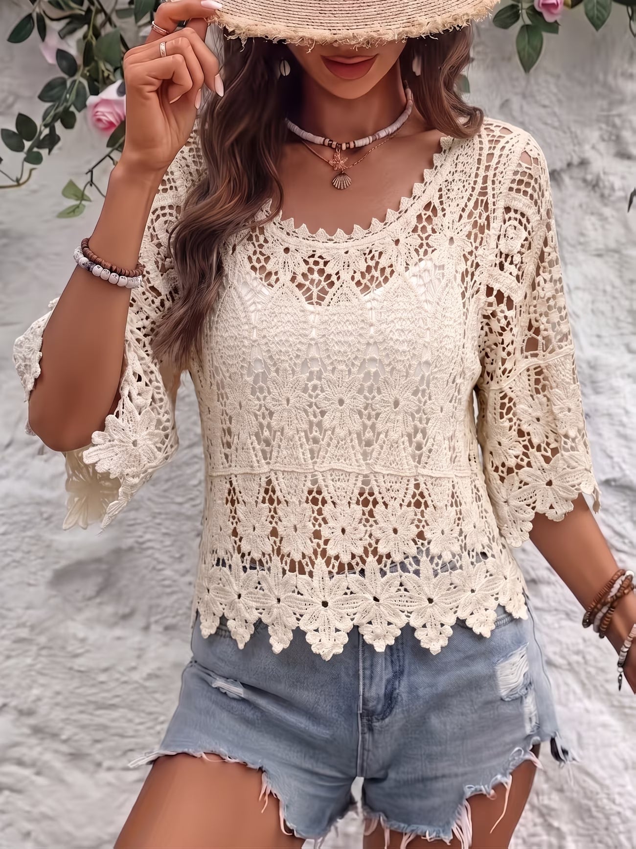 Women Summer Lace Knit Solid Color Round Neck Top