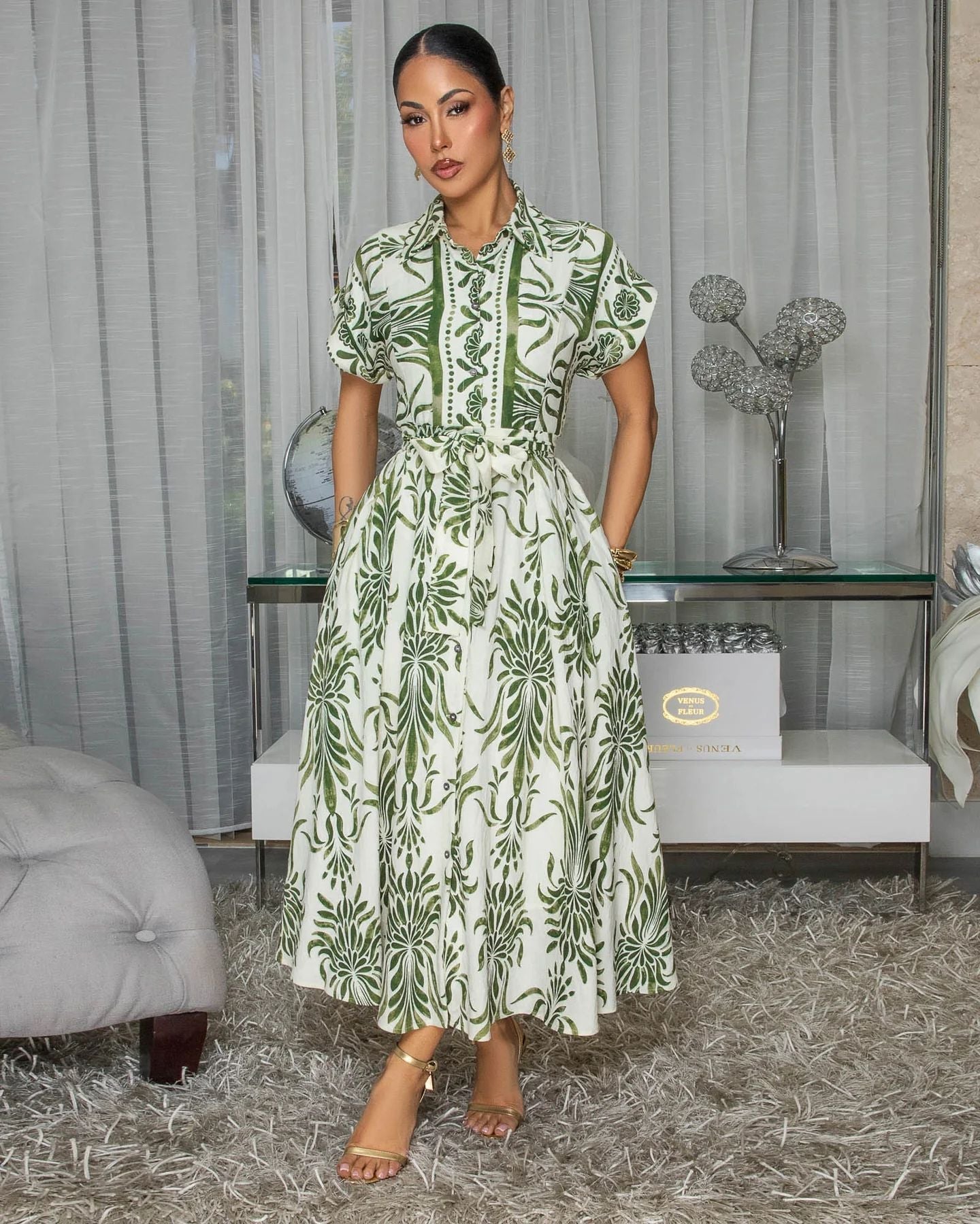 Summer Autumn Printing Collared Short Sleeve Waist Controlled Casual All Matching Slim Fit Long Shirt Dress Women Clothing