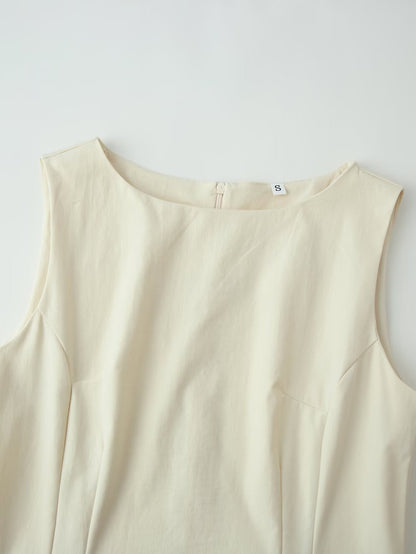 Women Summer Slimming Large Hem Mid Length Round Neck Sleeveless Dress