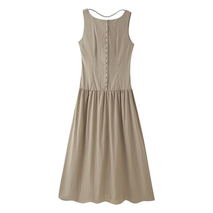 Women Summer Cinched Breasted Design Big Swing Mid Length Dress