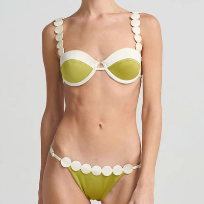 Hard Bag Sling Split Swimsuit for Women Solid Color Stitching Low Waist Bikini Pleating Sexy Backless