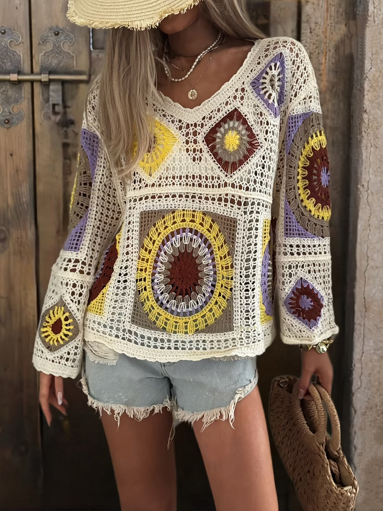 Women Hollow Colored Multi Patterned Crochet V Neck Knitted Sun Protection Turtleneck Sweater