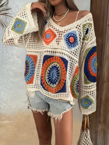 Women Hollow Colored Multi Patterned Crochet V Neck Knitted Sun Protection Turtleneck Sweater
