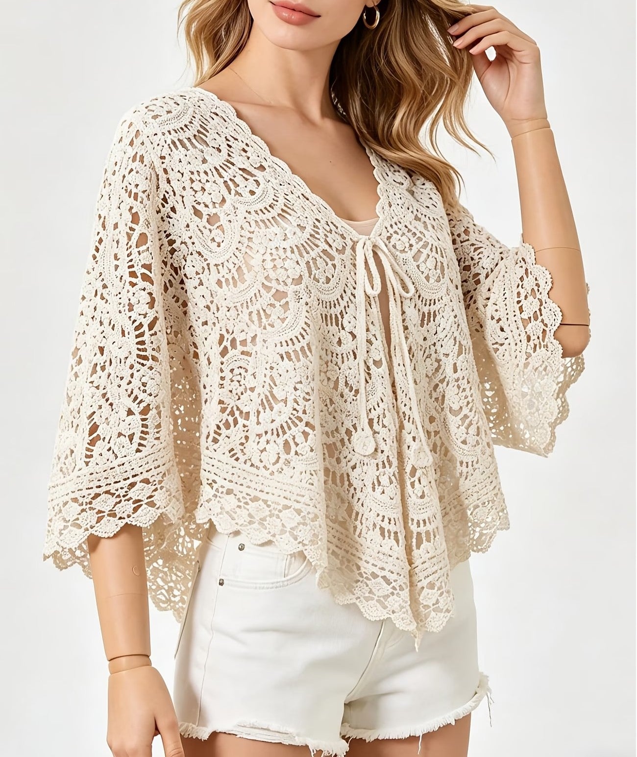 Women Hollow Embossed Hook Pattern V Neck Knitted Versatile Shawl Style Top