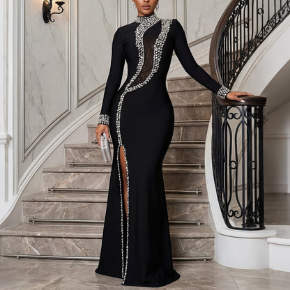 Women Clothing High Collar Long-Sleeved Dress Split Rhinestone Dress