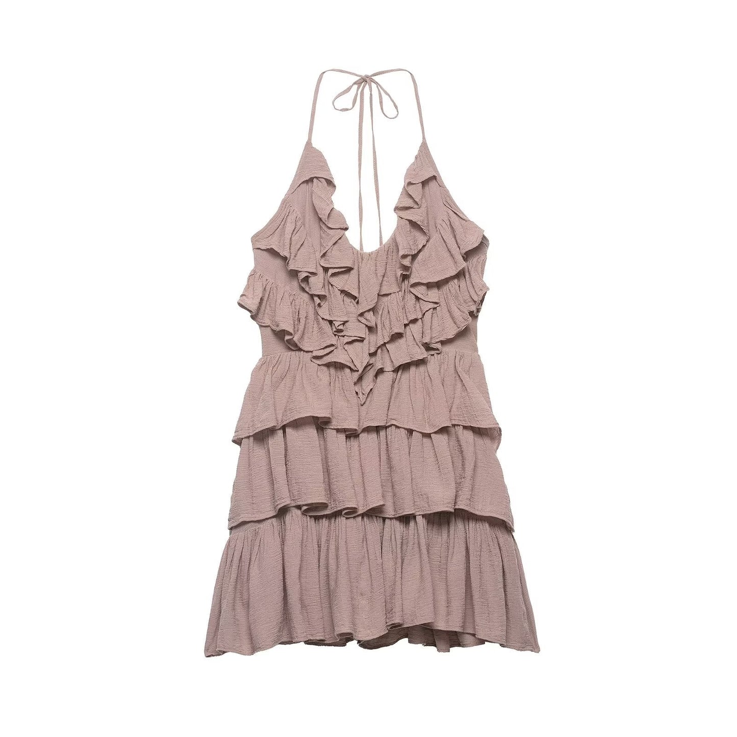 Women Clothing Summer Lace up Backless V neck Laminated Ruffled Dress
