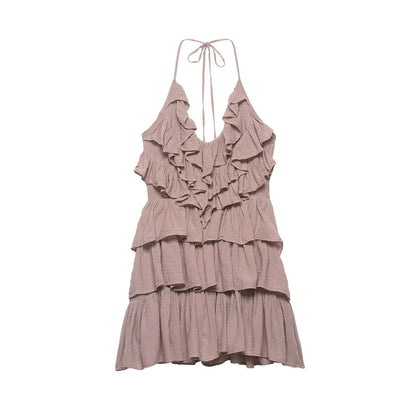 Women Clothing Summer Lace up Backless V neck Laminated Ruffled Dress